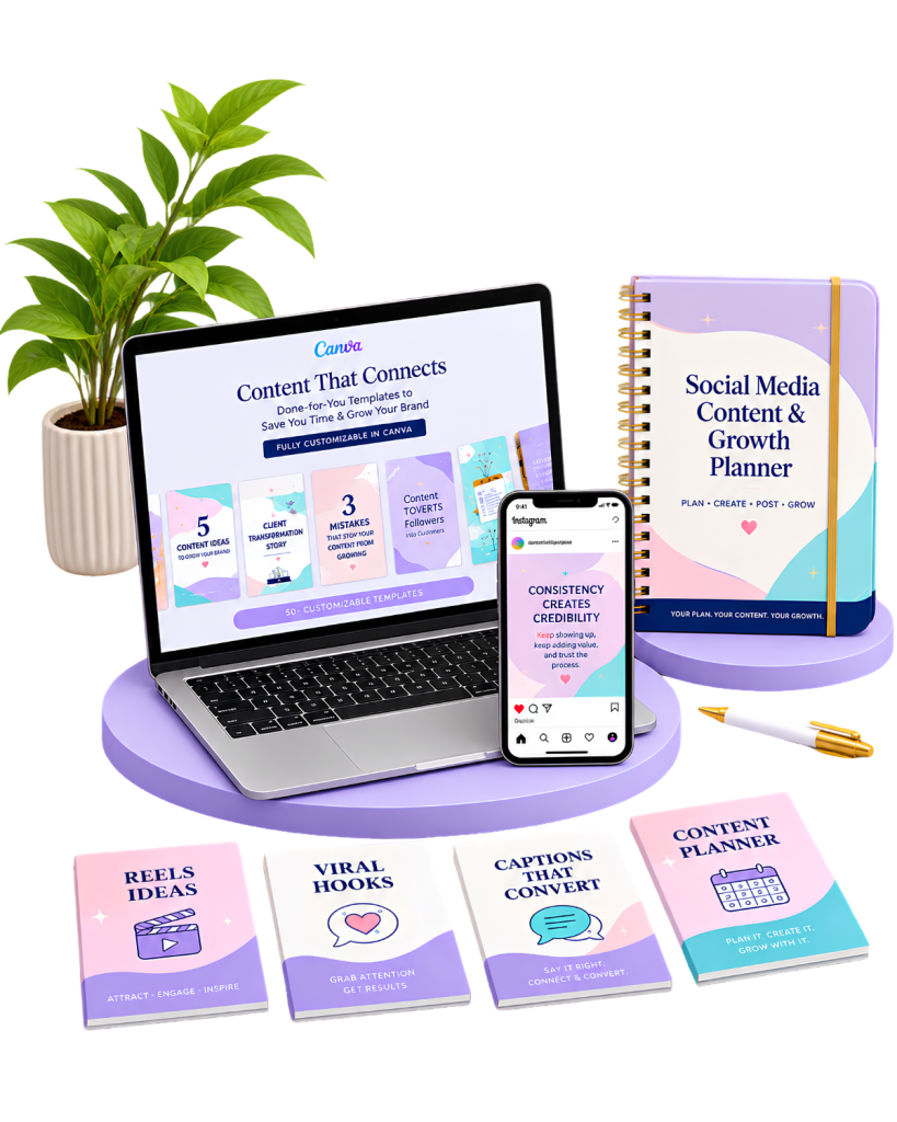 Social media content growth system mockup with planner, Canva templates, Instagram content, viral hooks and captions.